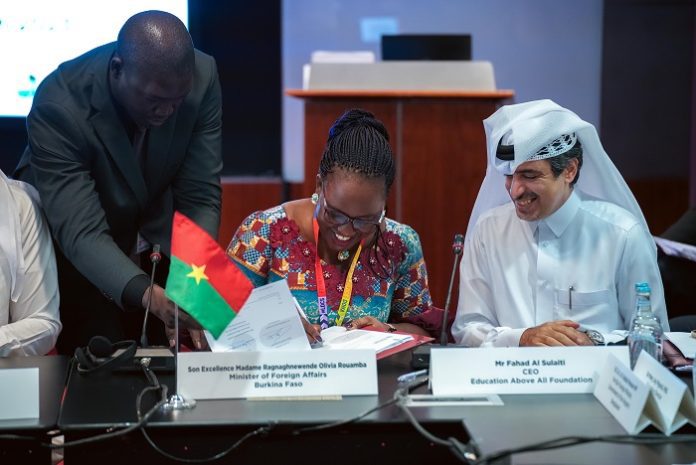 Ragnaghnewende Olivia Rouamba, Minister of Foreign Affairs, Burkina Faso and Fahad Al-Sulaiti, CEO of Education Above All signing new commitments to education projects in Burkina Faso in Doha on Tuesday.