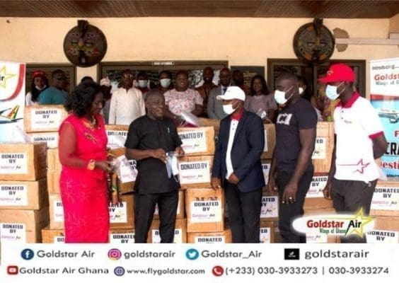 Officials of Goldstar Air lead by Mr George Naih (second from right), Edmund Lamptey (right), John Ashong-Mettle (middle) donated assorted items to the Ghana Tourism Authority as support for the Public Private Partnership forum aimed at promoting investment into tourism and hospitality sector and bridging the skills gap in the industry and Mr Isaac Asiam (second from right), the Director of Public Private Partnership of the Authority received the items on behalf of Mr Akwasi Agyeman, the Chief Executive Officer and Ambassador Nancy Sam (left). Officials of Goldstar Air lead by Mr George Naih (second from right), Edmund Lamptey (right), John Ashong-Mettle (middle) donated assorted items to the Ghana Tourism Authority as support for the Public Private Partnership forum aimed at promoting investment into tourism and hospitality sector and bridging the skills gap in the industry and Mr Isaac Asiam (second from right), the Director of Public Private Partnership of the Authority received the items on behalf of Mr Akwasi Agyeman, the Chief Executive Officer and Ambassador Nancy Sam (left).
