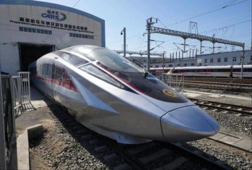This photo shows a prototype of CR450 bullet train undergoing tests in Beijing, capital of China, Feb. 25, 2025. (Xinhua/Xing Guangli)